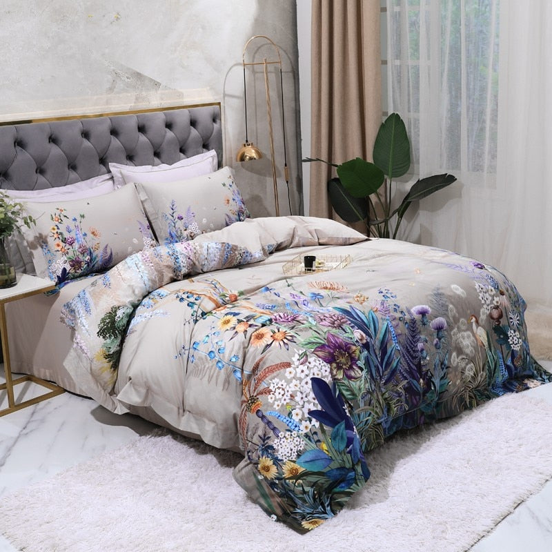 Set di copripiumino, stampa floreale con uccelli Aurelia, cotone egiziano