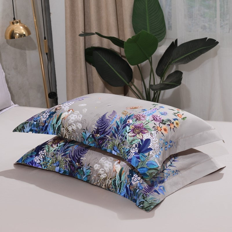 Set di copripiumino, stampa floreale con uccelli Aurelia, cotone egiziano