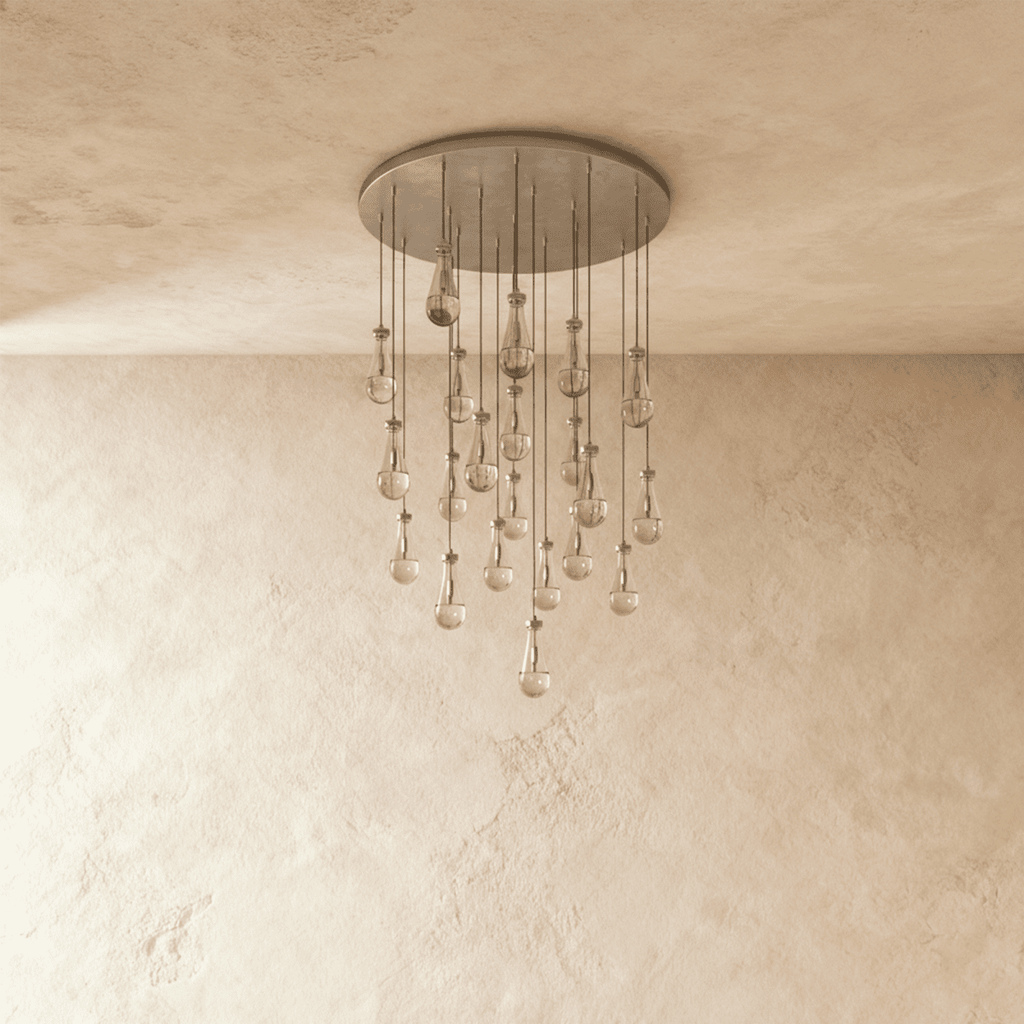 AquaLume regendruppel glazen kroonluchter met onderwatergloed en metalen frame