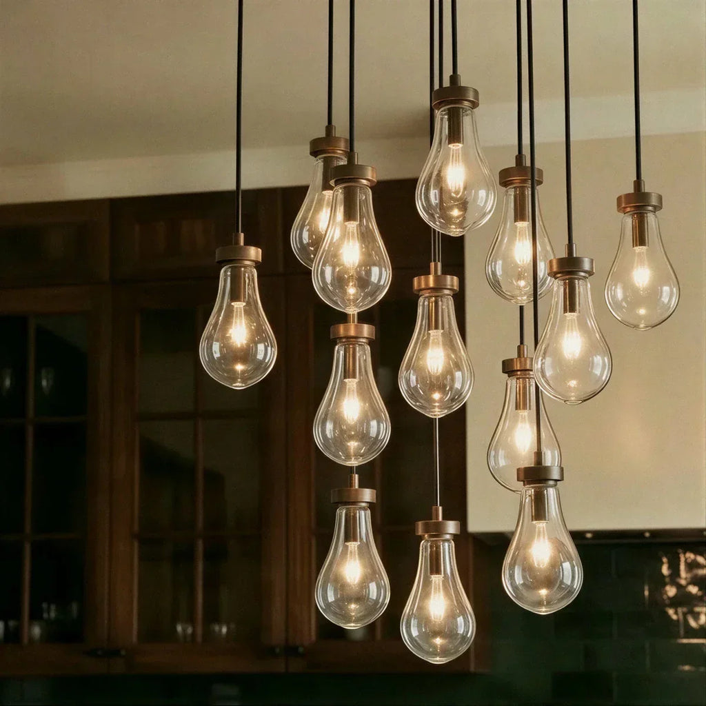 AquaLume regendruppel glazen kroonluchter met onderwatergloed en metalen frame