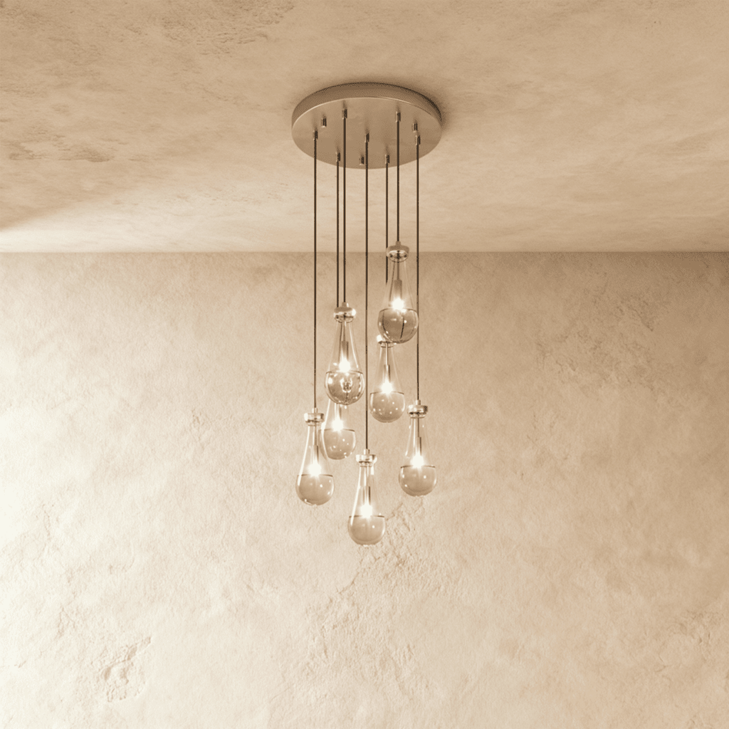 AquaLume regendruppel glazen kroonluchter met onderwatergloed en metalen frame