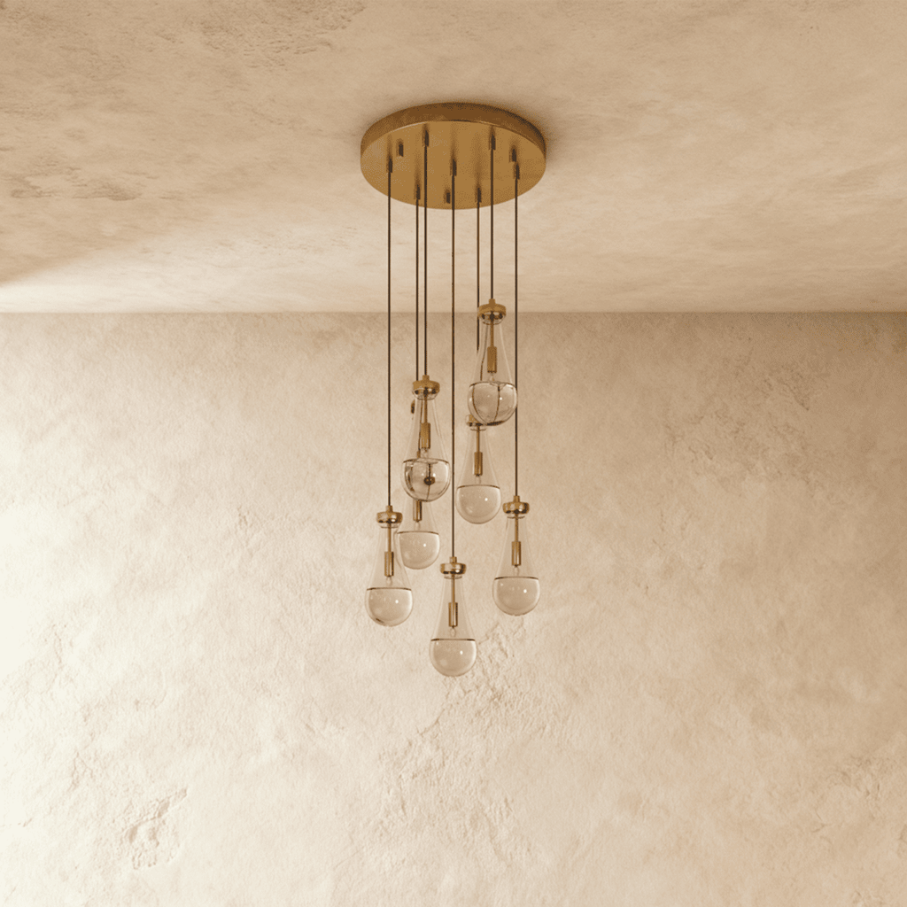 AquaLume regendruppel glazen kroonluchter met onderwatergloed en metalen frame