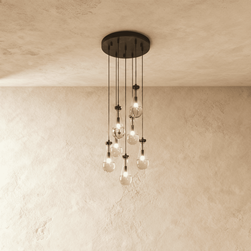 AquaLume regendruppel glazen kroonluchter met onderwatergloed en metalen frame