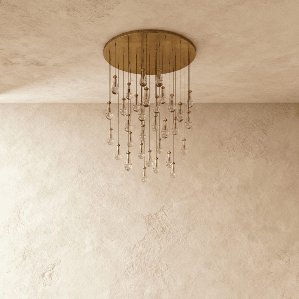 AquaLume regendruppel glazen kroonluchter met onderwatergloed en metalen frame