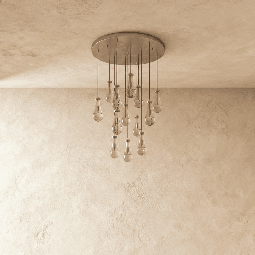 AquaLume regendruppel glazen kroonluchter met onderwatergloed en metalen frame