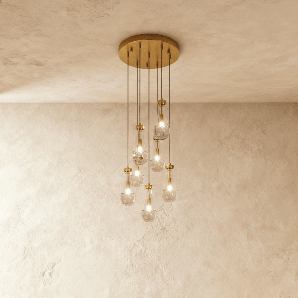 AquaLume regendruppel glazen kroonluchter met onderwatergloed en metalen frame