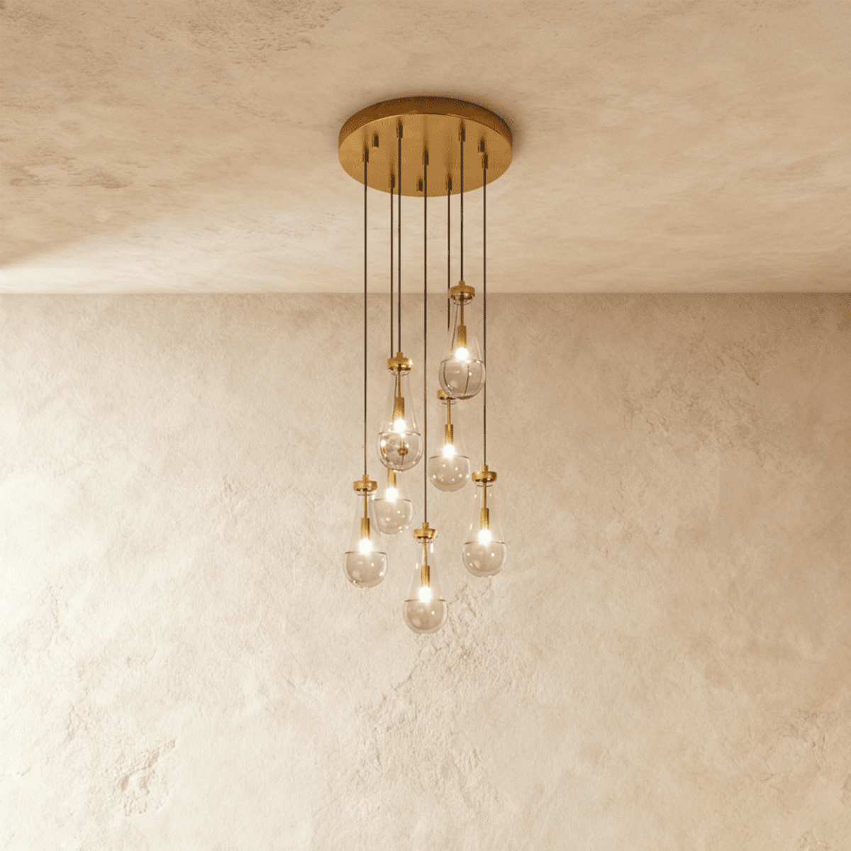 AquaLume regendruppel glazen kroonluchter met onderwatergloed en metalen frame