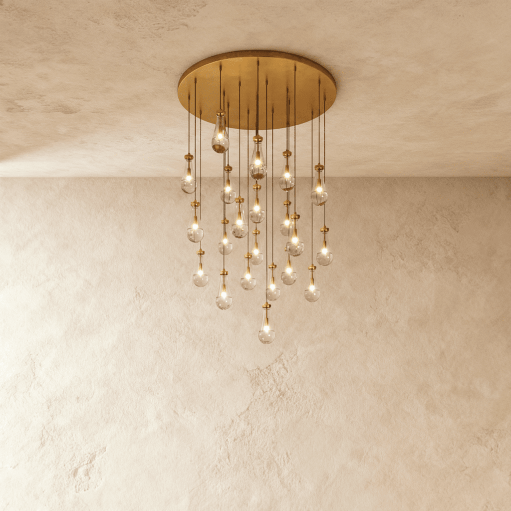 AquaLume regendruppel glazen kroonluchter met onderwatergloed en metalen frame