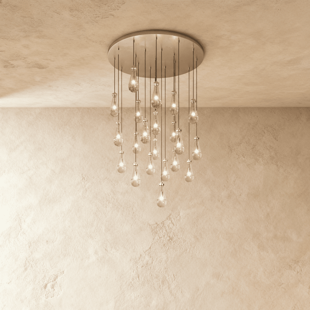 AquaLume regendruppel glazen kroonluchter met onderwatergloed en metalen frame