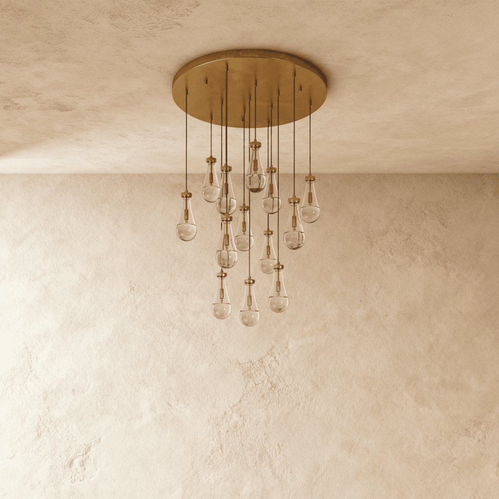 AquaLume regendruppel glazen kroonluchter met onderwatergloed en metalen frame