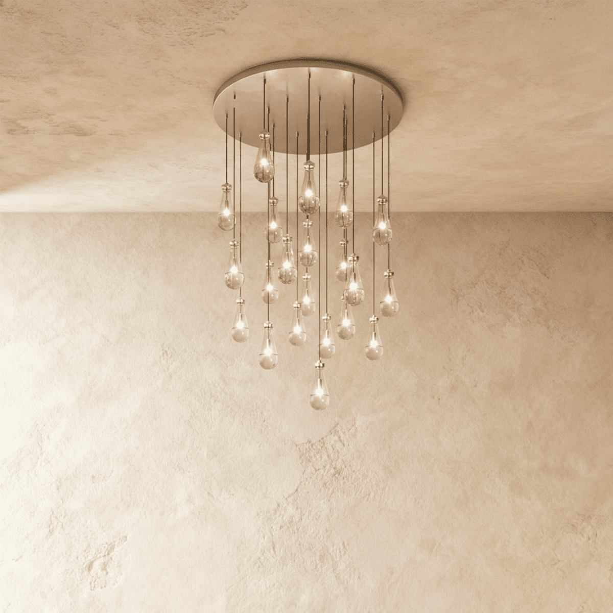 AquaLume regendruppel glazen kroonluchter met onderwatergloed en metalen frame