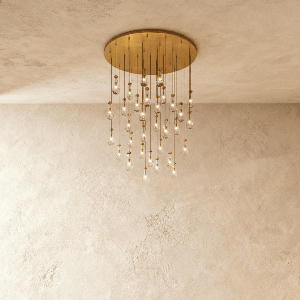 AquaLume regendruppel glazen kroonluchter met onderwatergloed en metalen frame