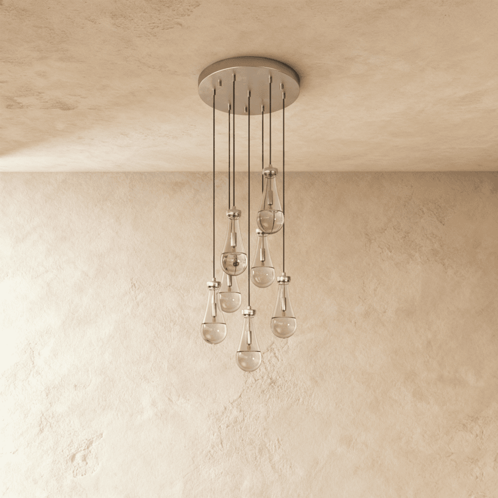 AquaLume regendruppel glazen kroonluchter met onderwatergloed en metalen frame