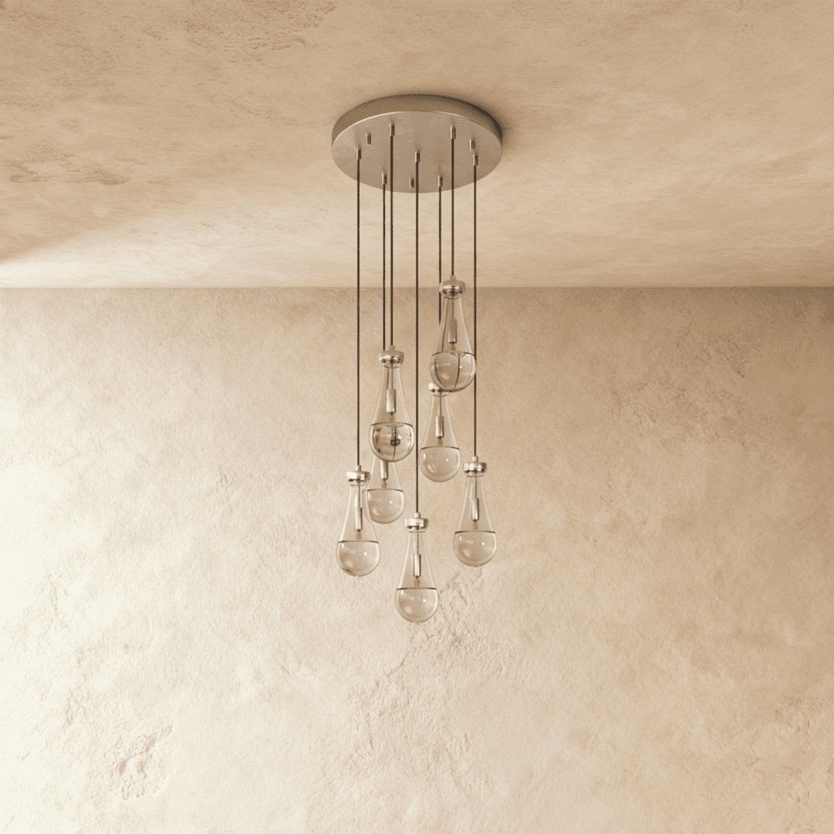AquaLume regendruppel glazen kroonluchter met onderwatergloed en metalen frame