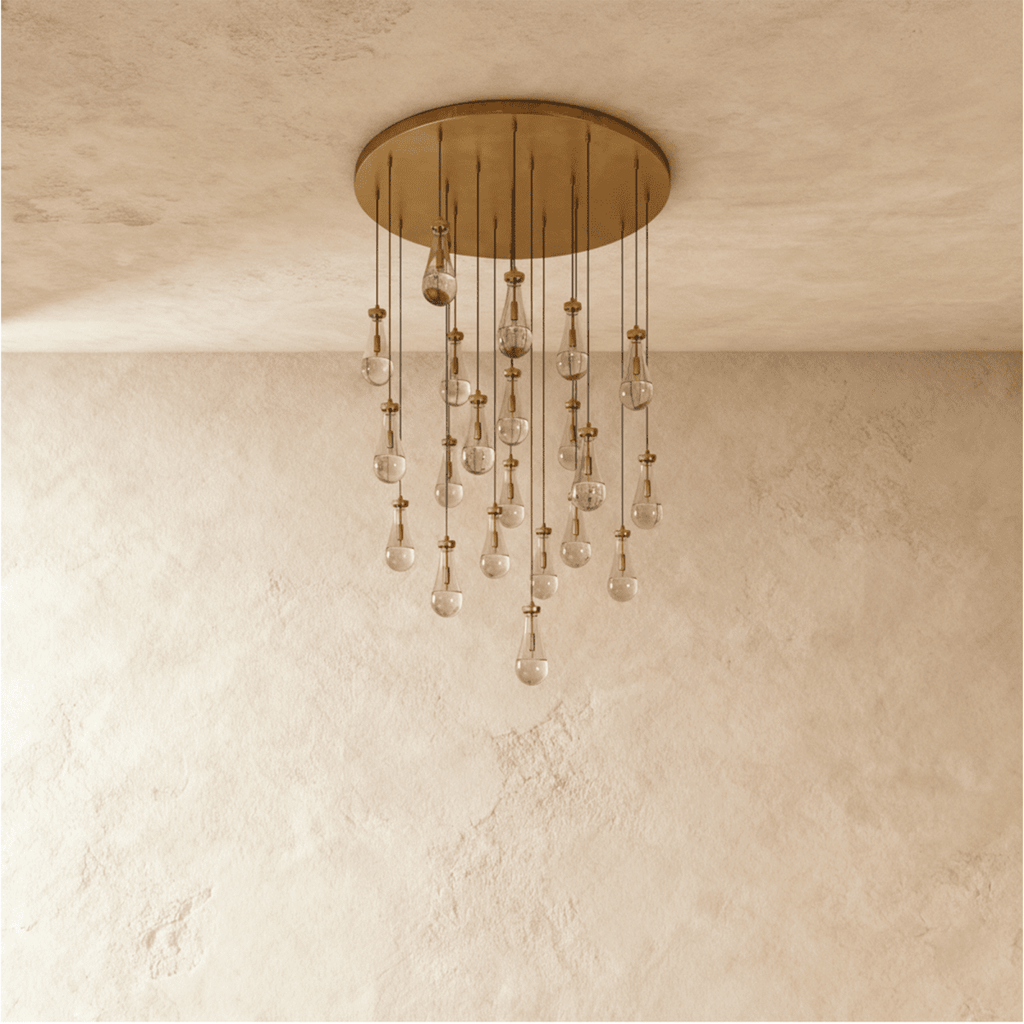 AquaLume regendruppel glazen kroonluchter met onderwatergloed en metalen frame