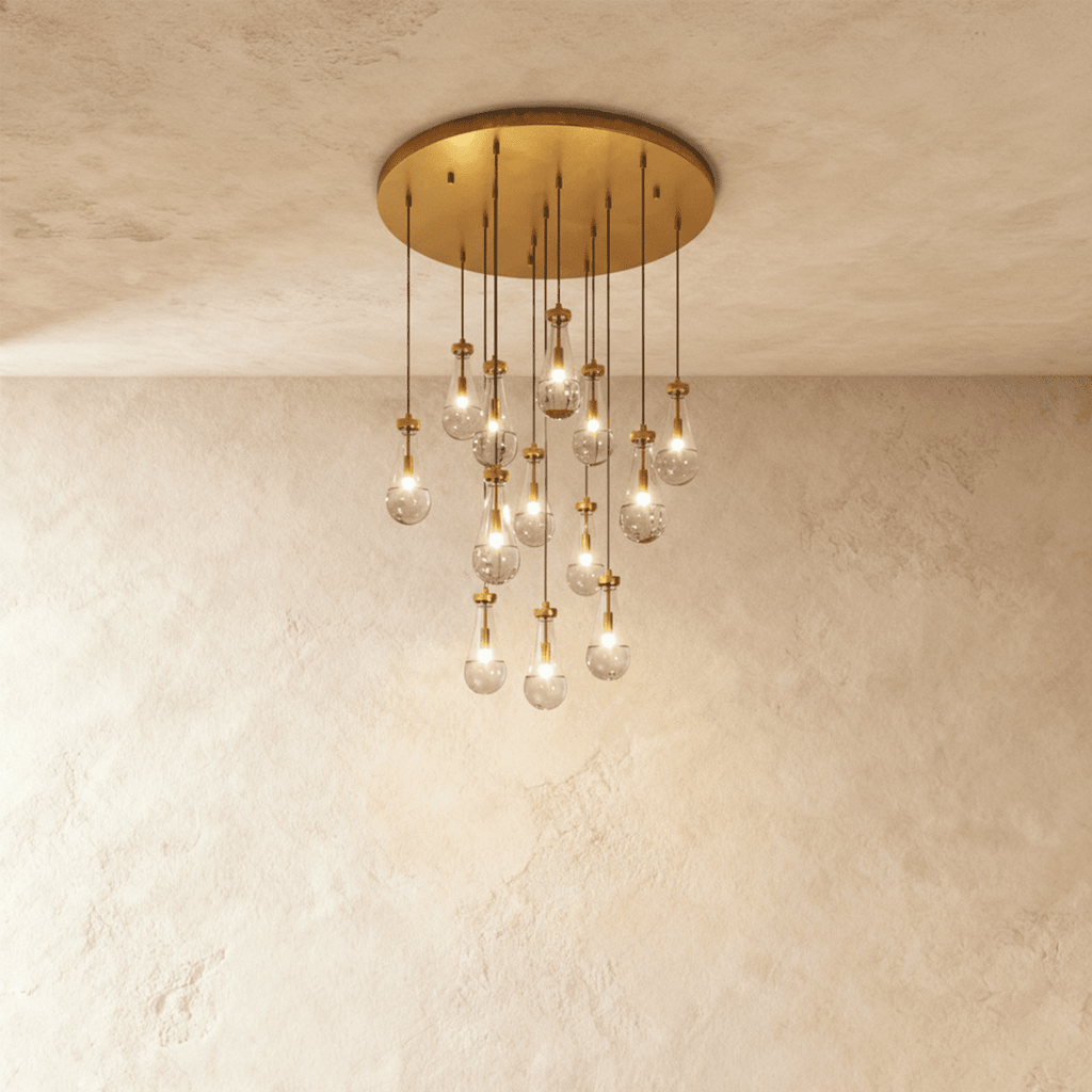 AquaLume regendruppel glazen kroonluchter met onderwatergloed en metalen frame
