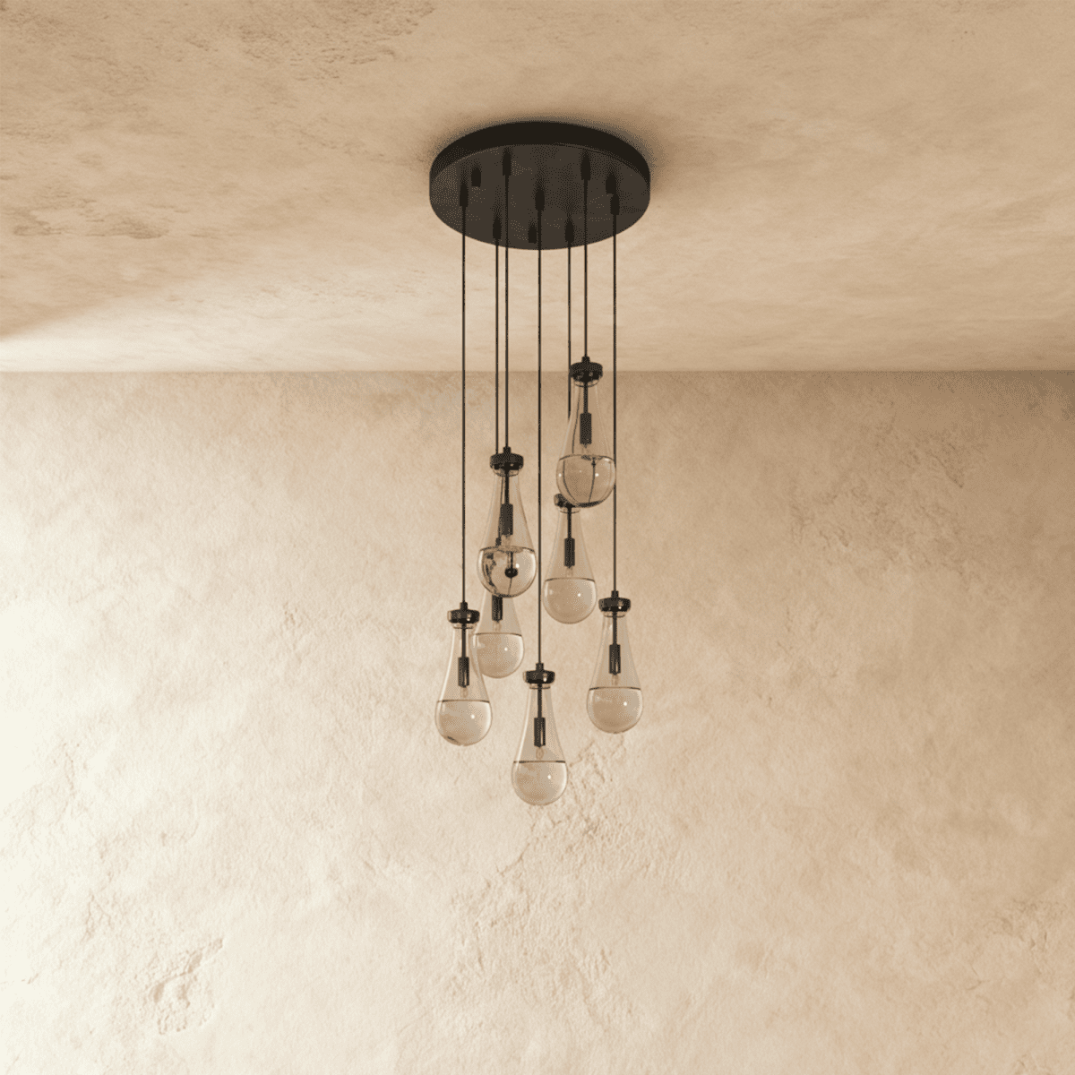 AquaLume regendruppel glazen kroonluchter met onderwatergloed en metalen frame