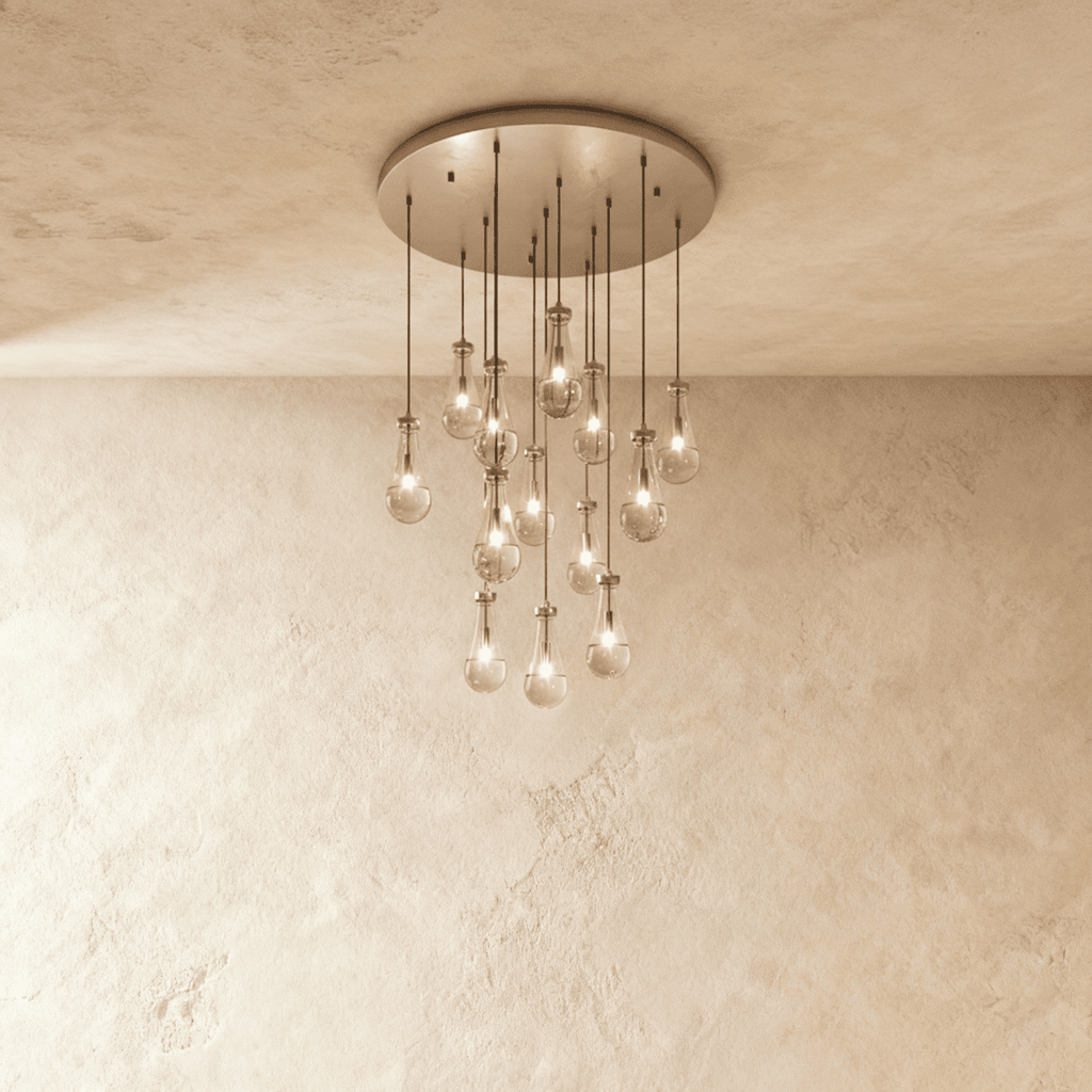 AquaLume regendruppel glazen kroonluchter met onderwatergloed en metalen frame