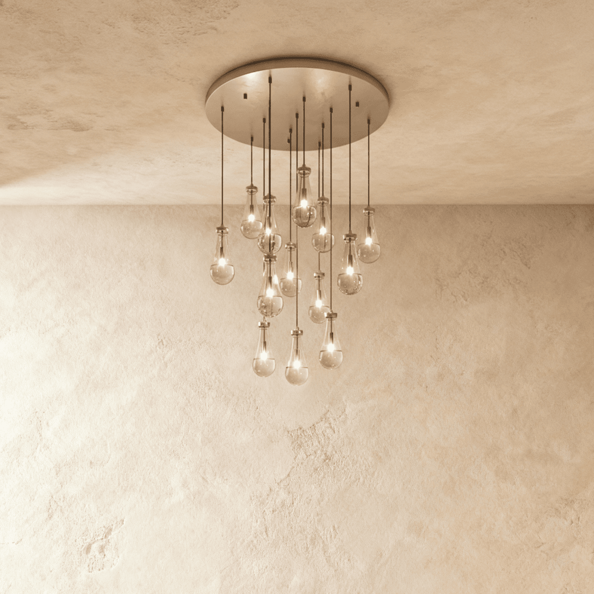 AquaLume regendruppel glazen kroonluchter met onderwatergloed en metalen frame