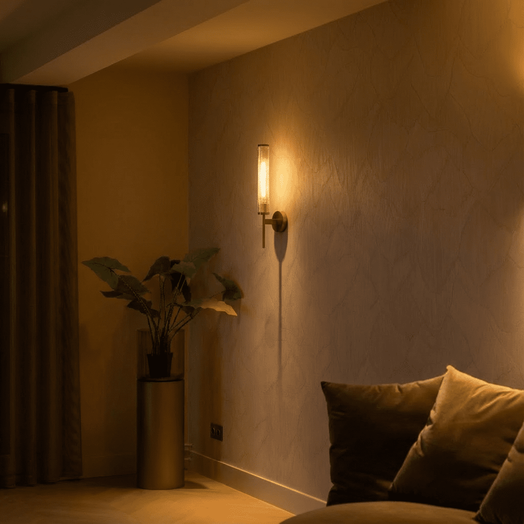 AuraLume gestructureerde cilindrische glazen kap wandlamp in messing of ijzer