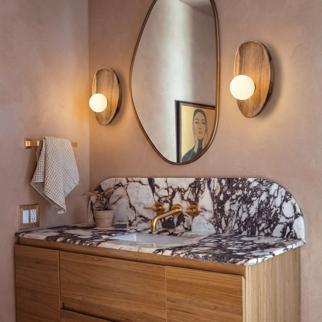 Nástěnná lampa Calm Glow pro ambientní místnosti s dřevěným akcentem  