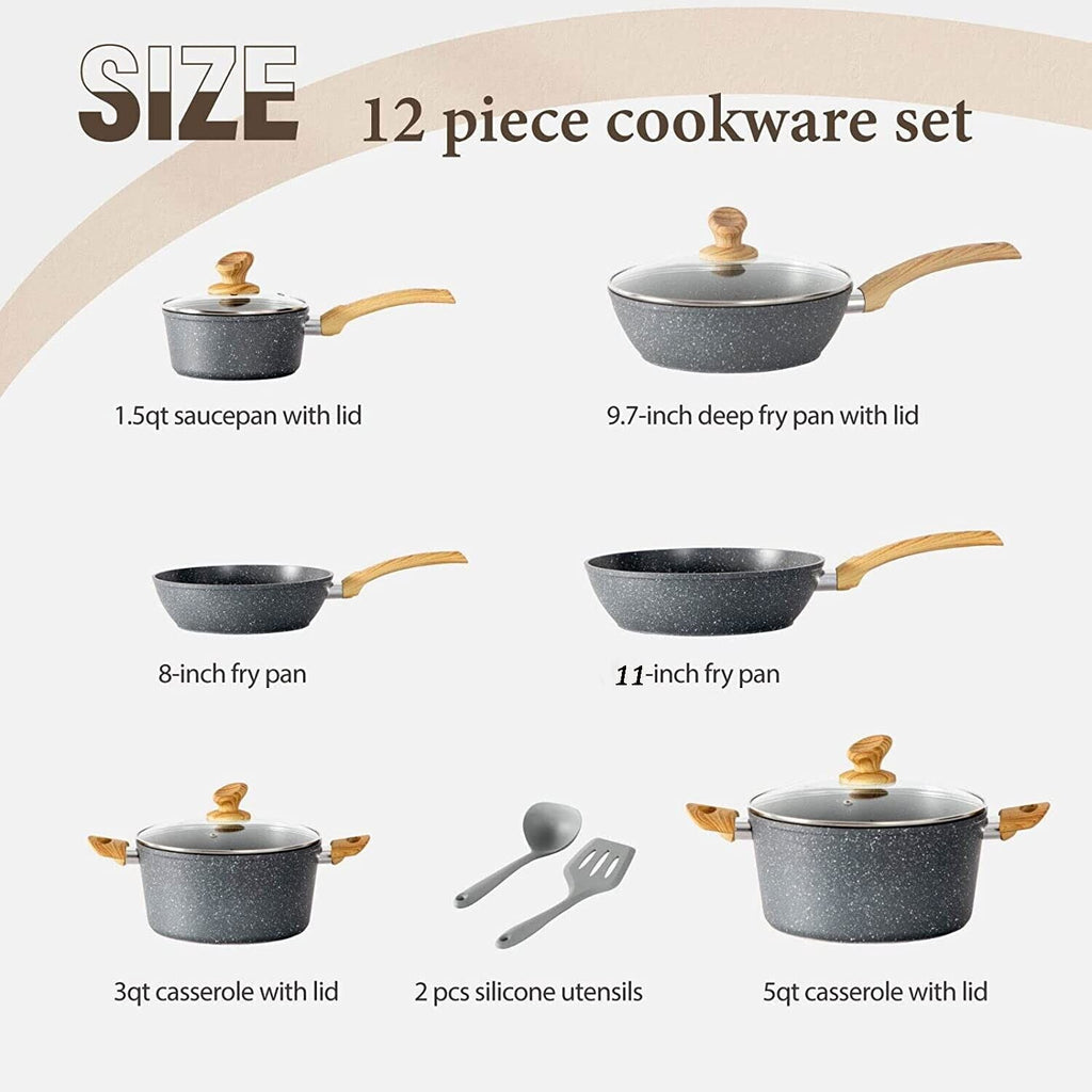 12-Piece Granite Nonstick Cookware Set for Everyday Cooking