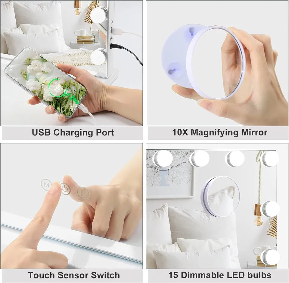 Lighted Vanity Mirror with 10x Magnifier, Touch Dimmer