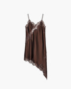 Vestido de cocktail assimétrico, adornado com cetim e renda, para noites elegantes | Fioriscas