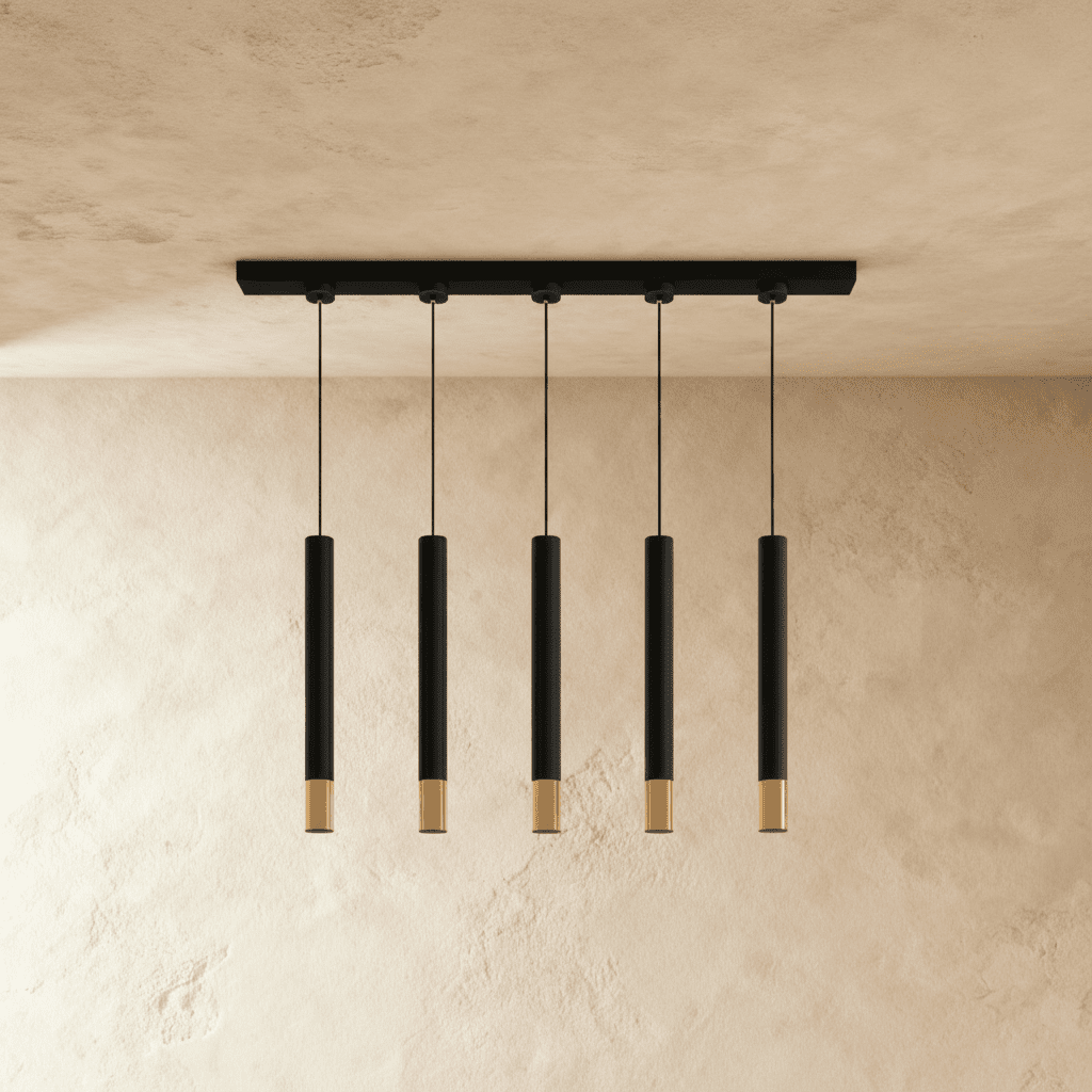 Minimalistyczna lampa wisząca Cylinder ze złotym akcentem do wysp kuchennych