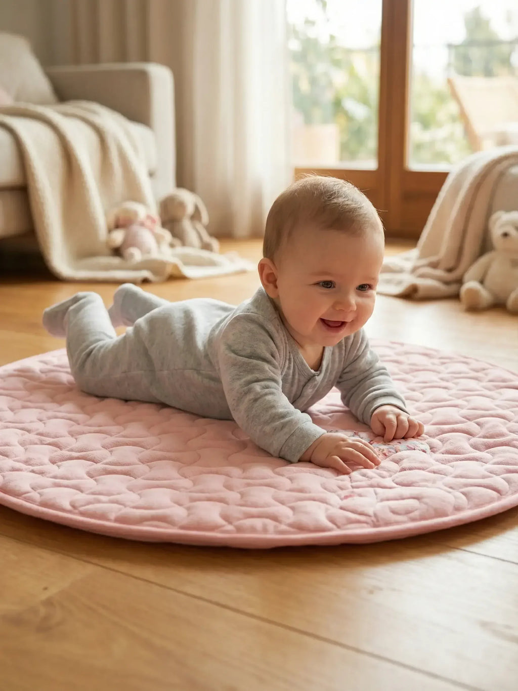 Blomsterkanin 2-i-1-sansebue og legemåtte – lyserød babygym | Fioriscas