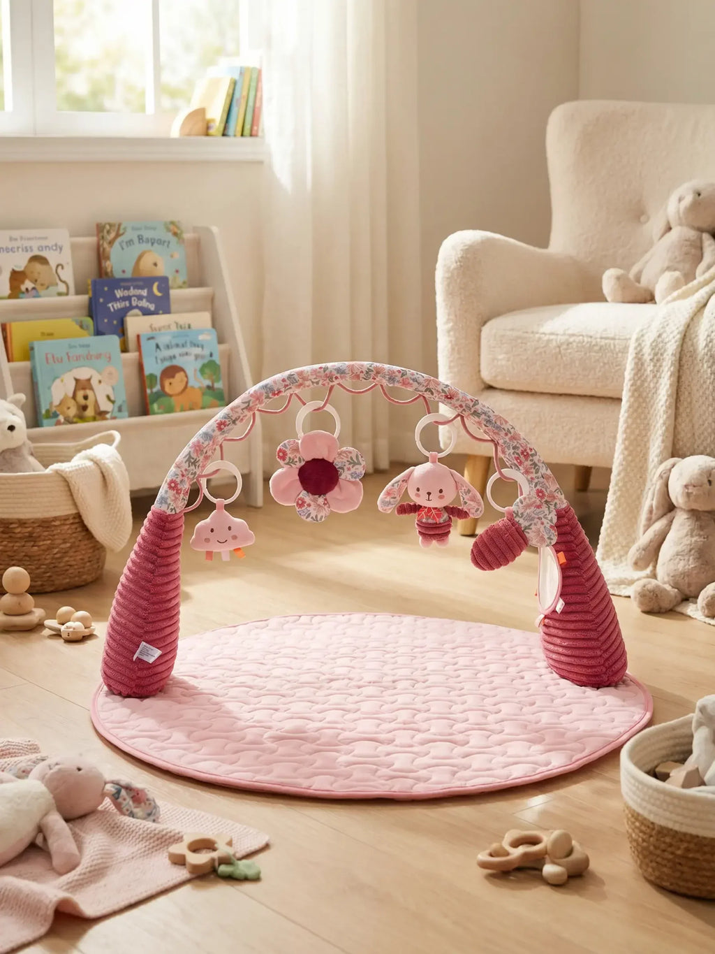 Blomsterkanin 2-i-1-sansebue og legemåtte – lyserød babygym | Fioriscas