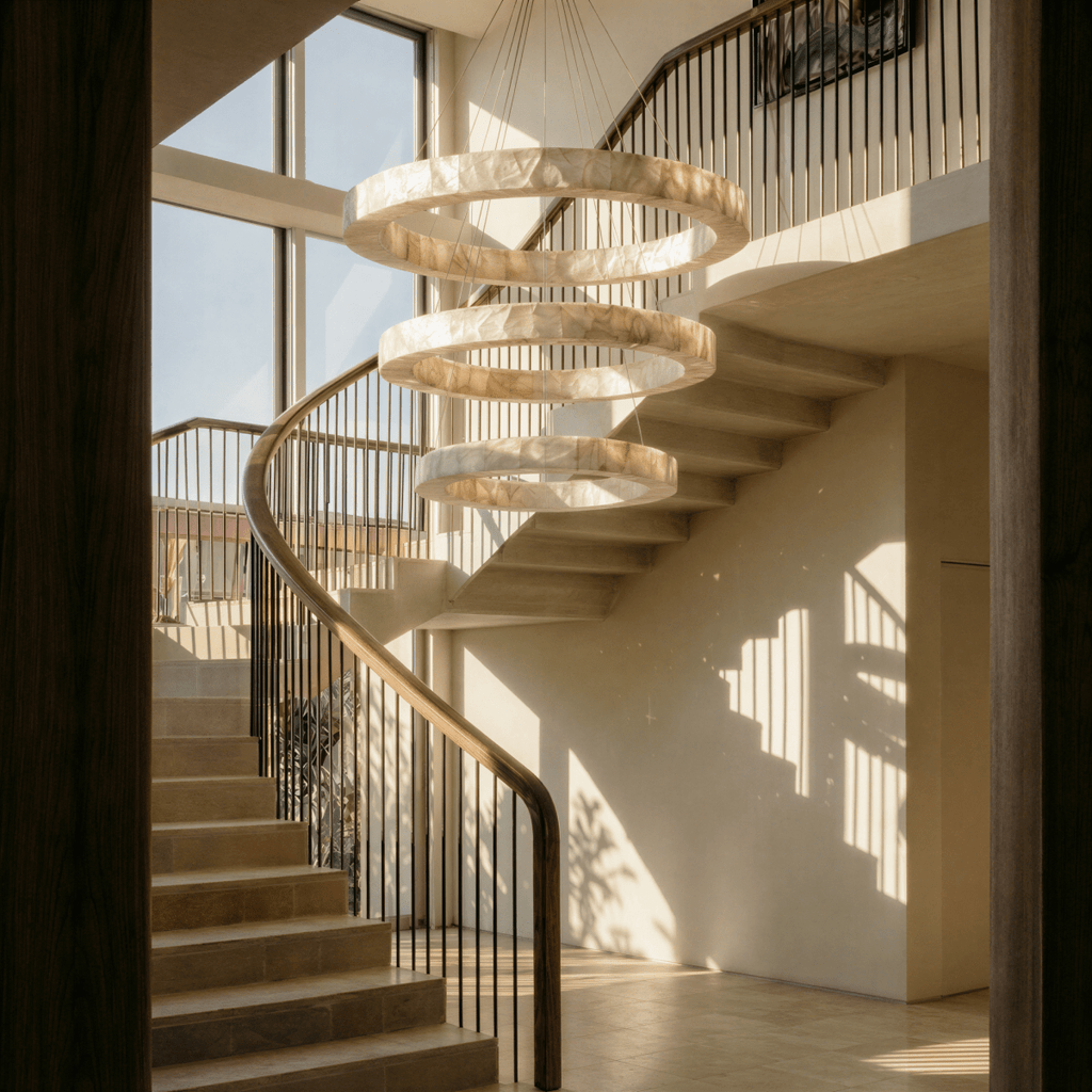 LuminaCalcite Halo Alabaster Chandelier With Steel Cable Framework