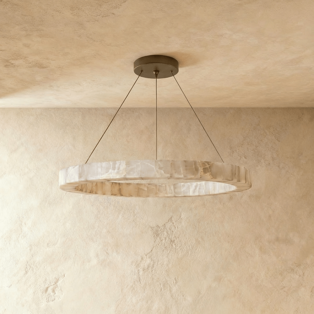 LuminaCalcite Halo Alabaster Chandelier With Steel Cable Framework