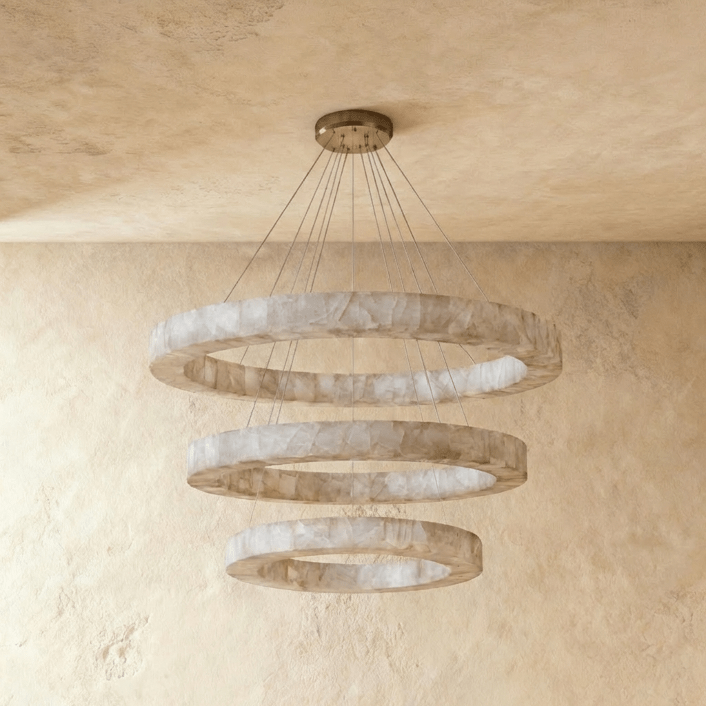 LuminaCalcite Halo Alabaster Chandelier With Steel Cable Framework