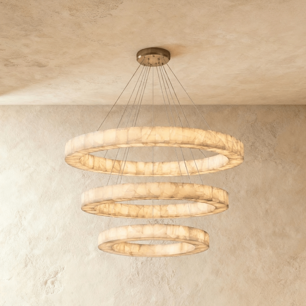 LuminaCalcite Halo Alabaster Chandelier With Steel Cable Framework