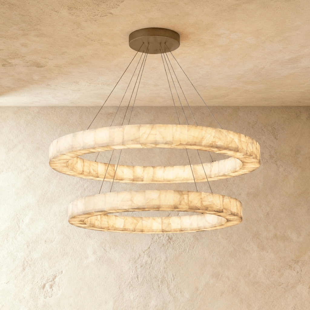 LuminaCalcite Halo Alabaster Chandelier With Steel Cable Framework