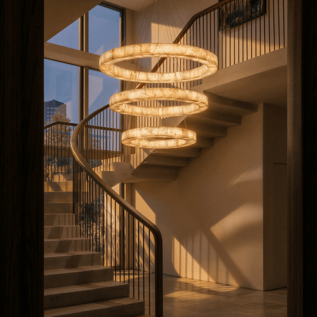 LuminaCalcite Halo Alabaster Chandelier With Steel Cable Framework