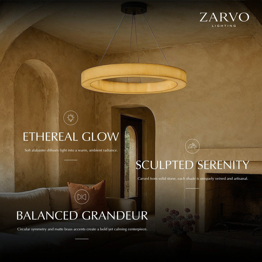 LuminaCalcite Halo Alabaster Chandelier With Steel Cable Framework