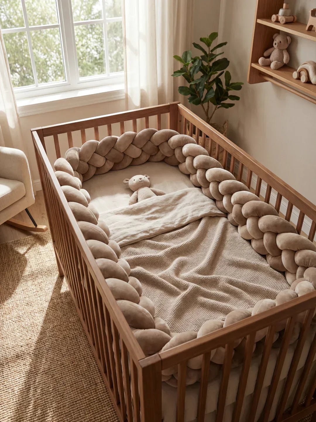 Woven Cotton Crib Liner, 4-Strand Braided Rail Guard for Nursery