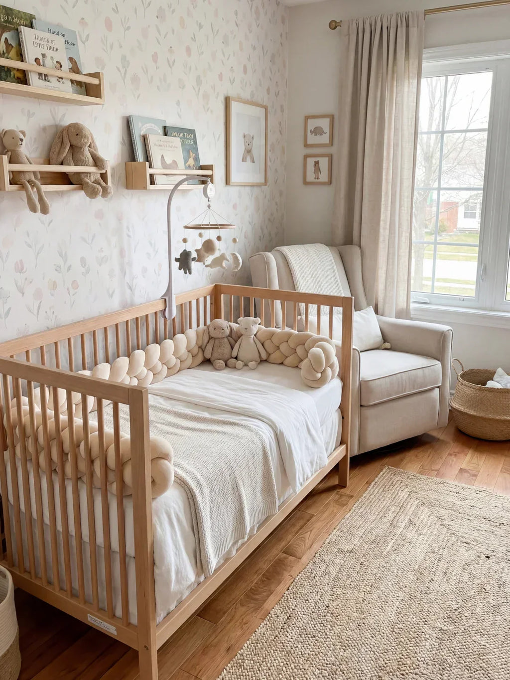 Woven Cotton Crib Liner, 4-Strand Braided Rail Guard for Nursery