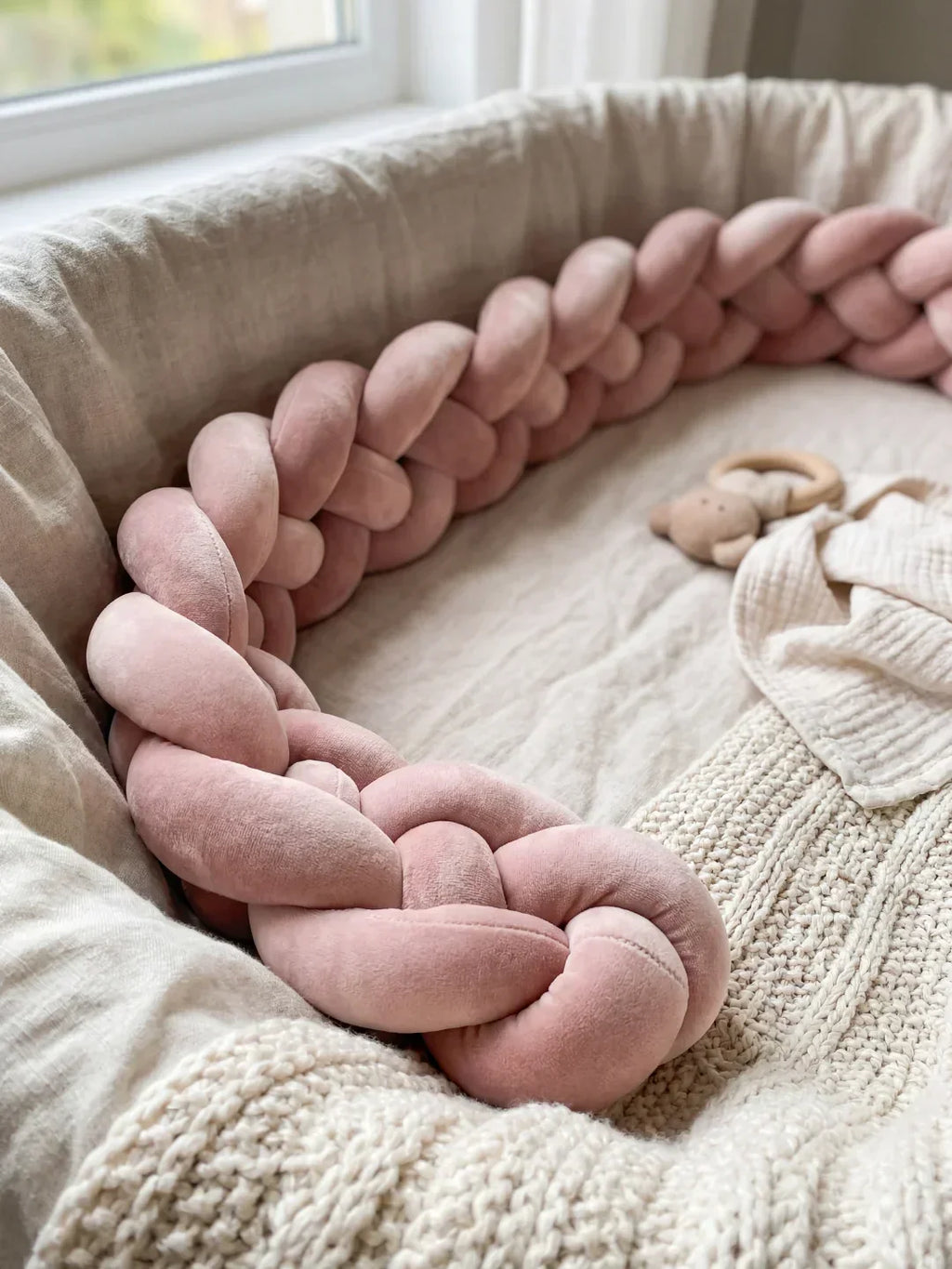 Woven Cotton Crib Liner, 4-Strand Braided Rail Guard for Nursery