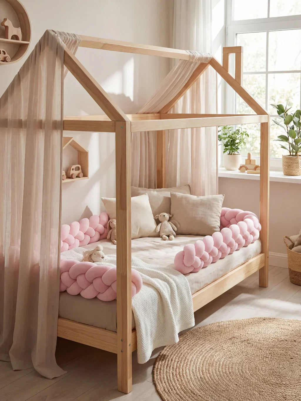 Woven Cotton Crib Liner, 4-Strand Braided Rail Guard for Nursery