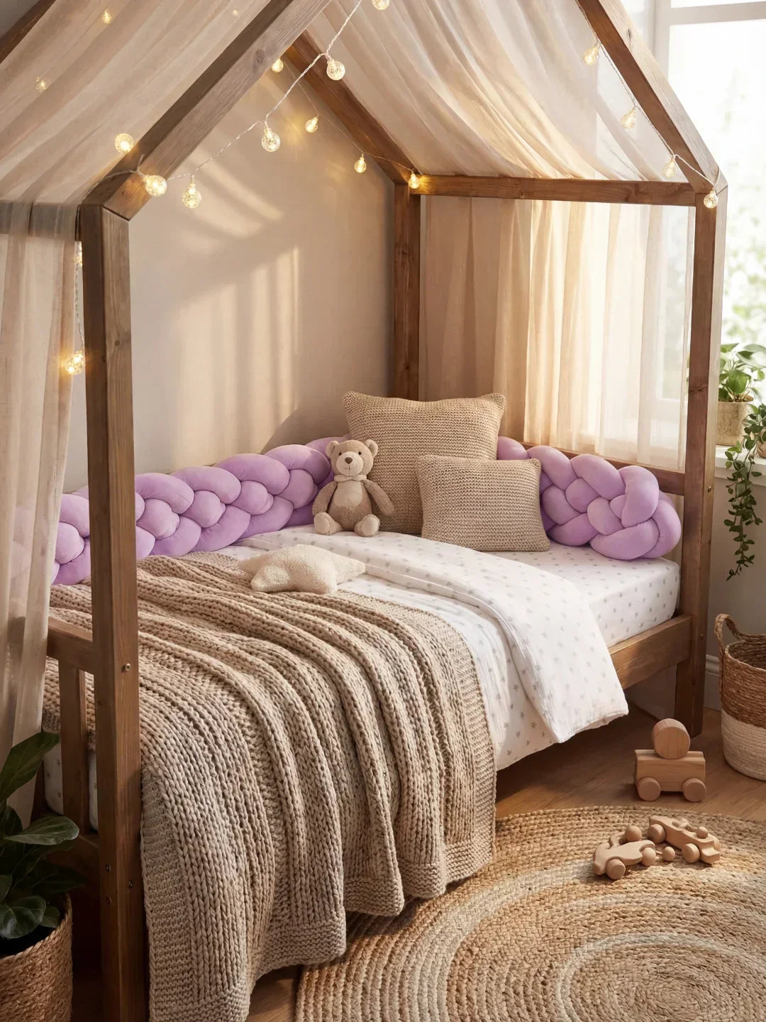 Woven Cotton Crib Liner, 4-Strand Braided Rail Guard for Nursery