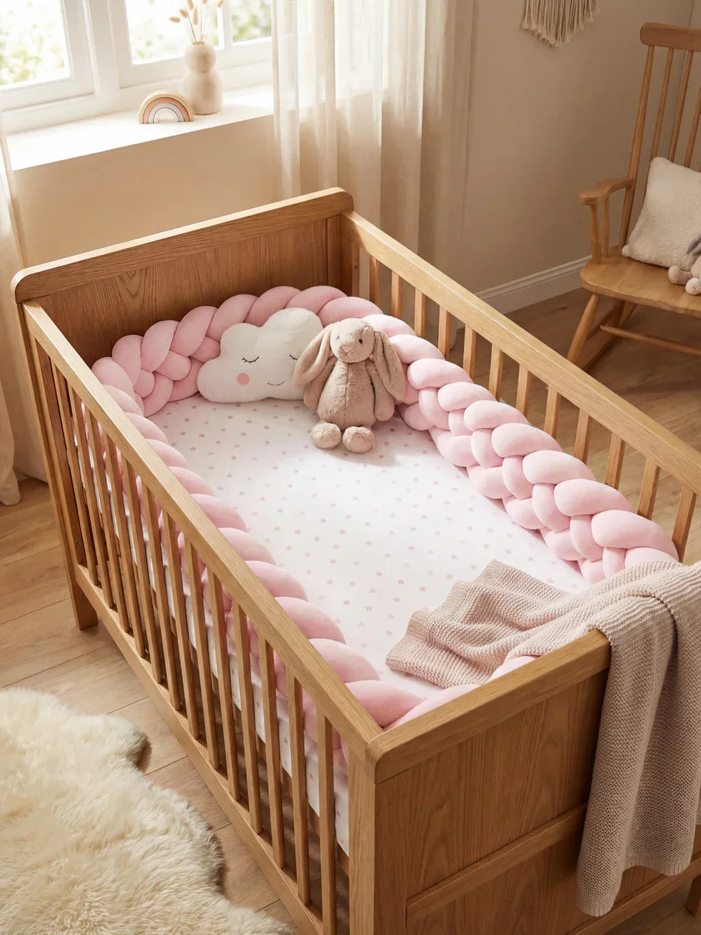 Woven Cotton Crib Liner, 4-Strand Braided Rail Guard for Nursery