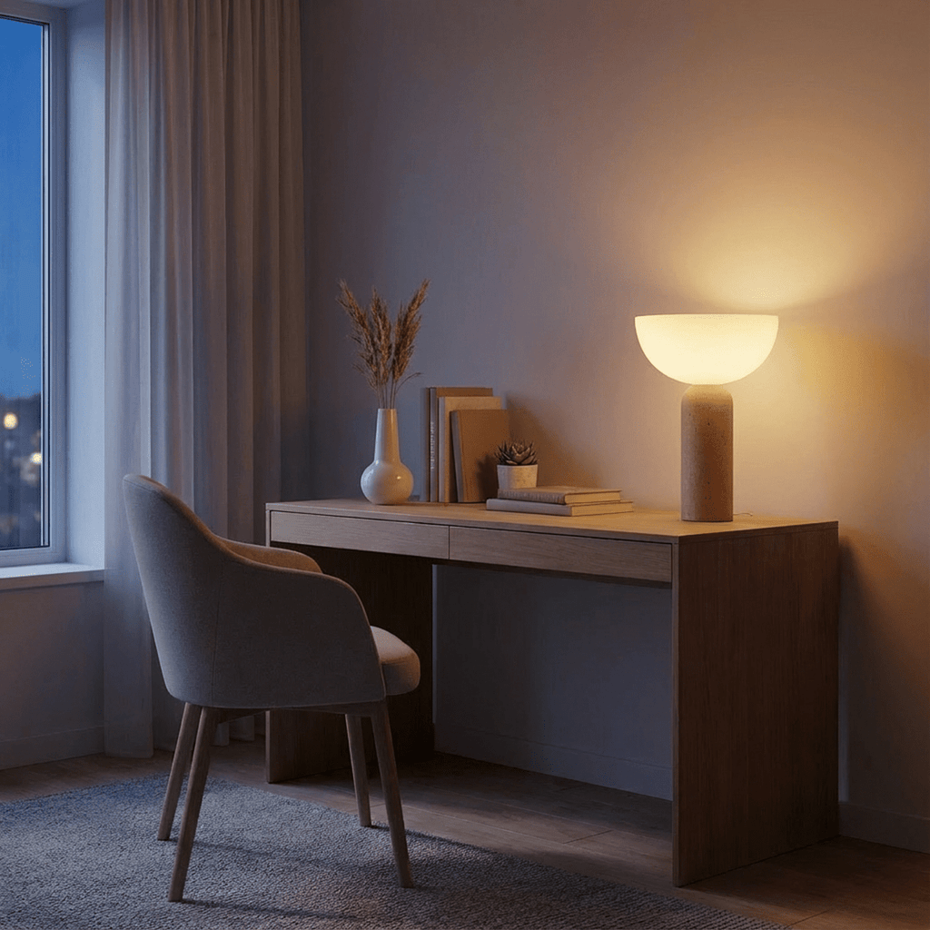 TerraGlow travertinglas LED bordslampa för minimalistiska vardagsrum