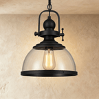 Lámpara colgante industrial vintage de metal negro con cúpula de vidrio y bombilla expuesta  