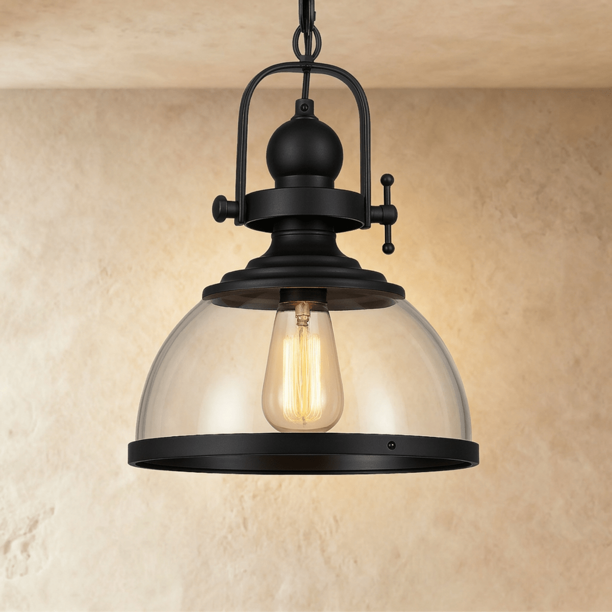 Lámpara colgante industrial vintage de metal negro con cúpula de vidrio y bombilla expuesta  