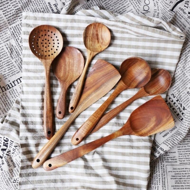 Keukengerei-set van teakhout, 7-delig, met voedselveilige oliefinish