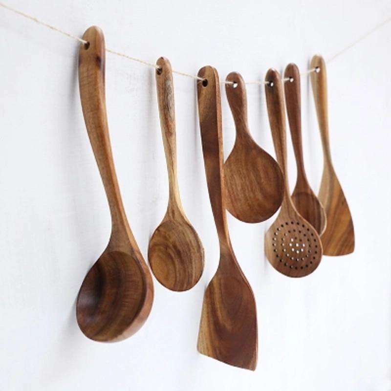 Keukengerei-set van teakhout, 7-delig, met voedselveilige oliefinish