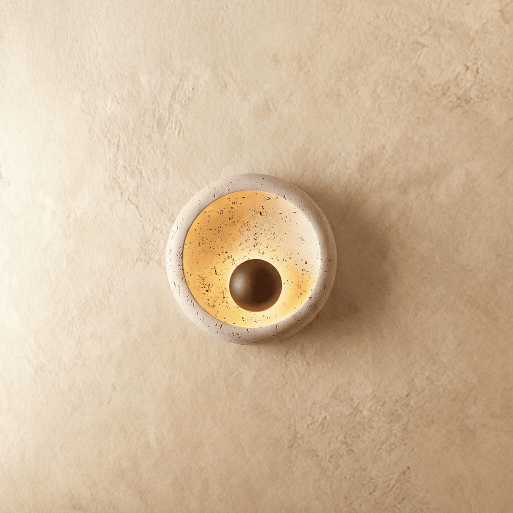 Lampada da parete circolare in travertino con accento in legno e base in metallo